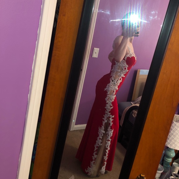 Red prom dress w/ sheer sides - Picture 2 of 8
